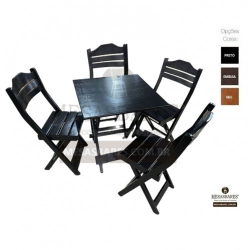 Conjunto Dobrável Madeira 70x70  Mesa Com 4  Cadeiras Encosto Concavo Anatômico - Cod: 764